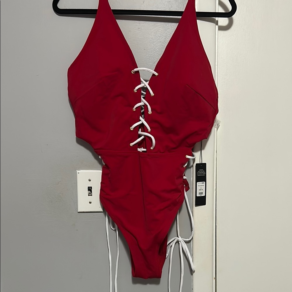 Fashion Nova Red and White Lace-Up One Piece Swimsuit